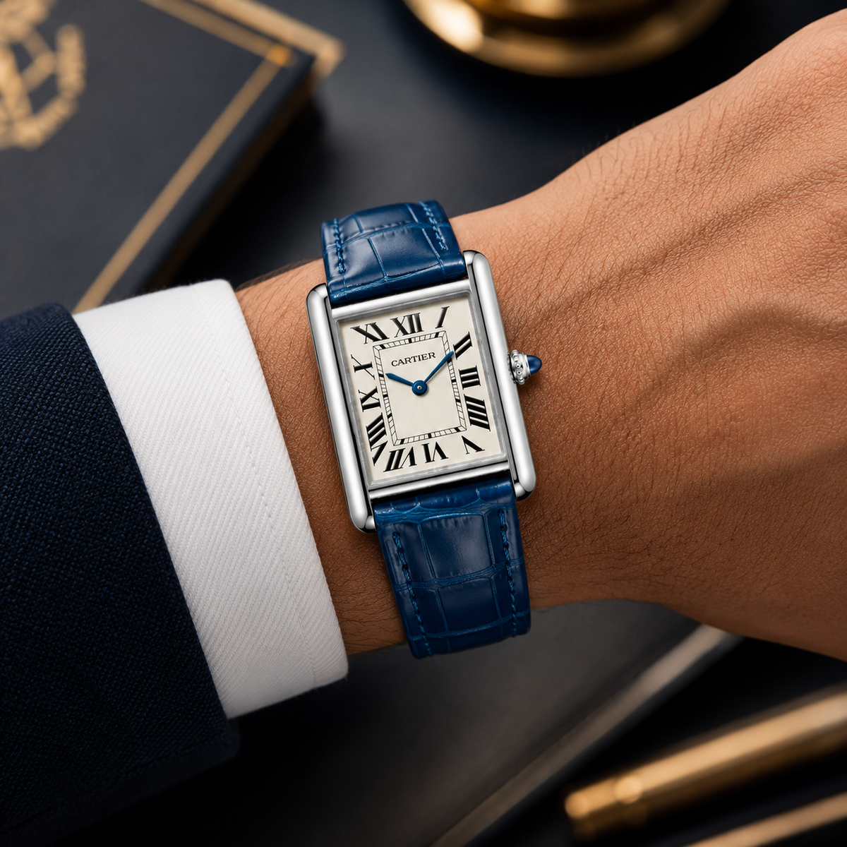 Cartier Tank Royal Blue Genuine Leather Strap White Dial Silver Case Master Lock