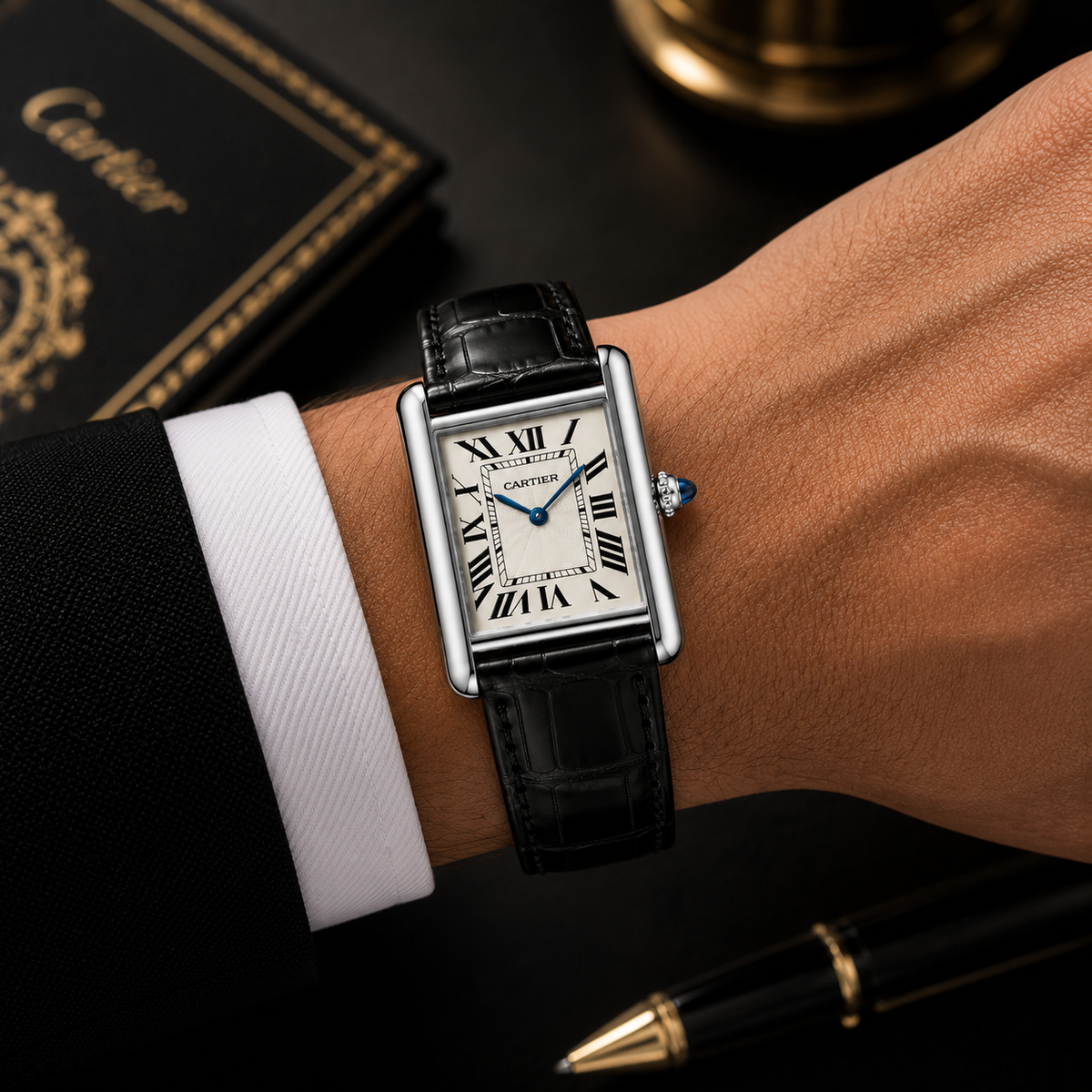 Cartier Tank Black Genuine Leather Strap White Dial Silver Case Master Lock