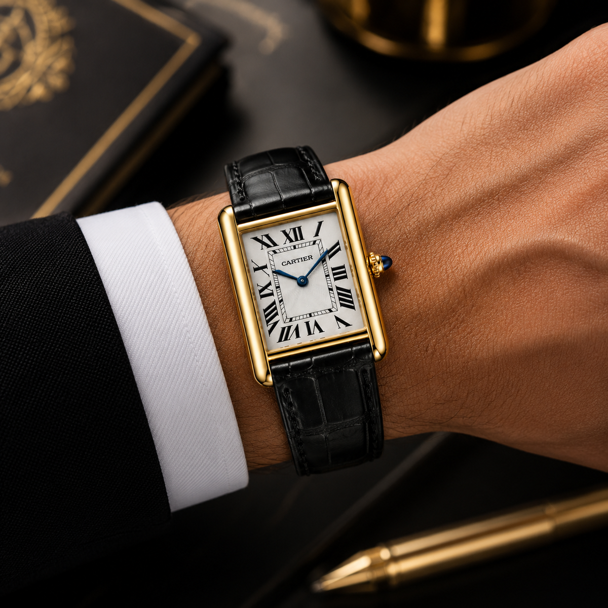 Cartier Tank Black Genuine Leather Strap White Dial Gold Case Master Lock