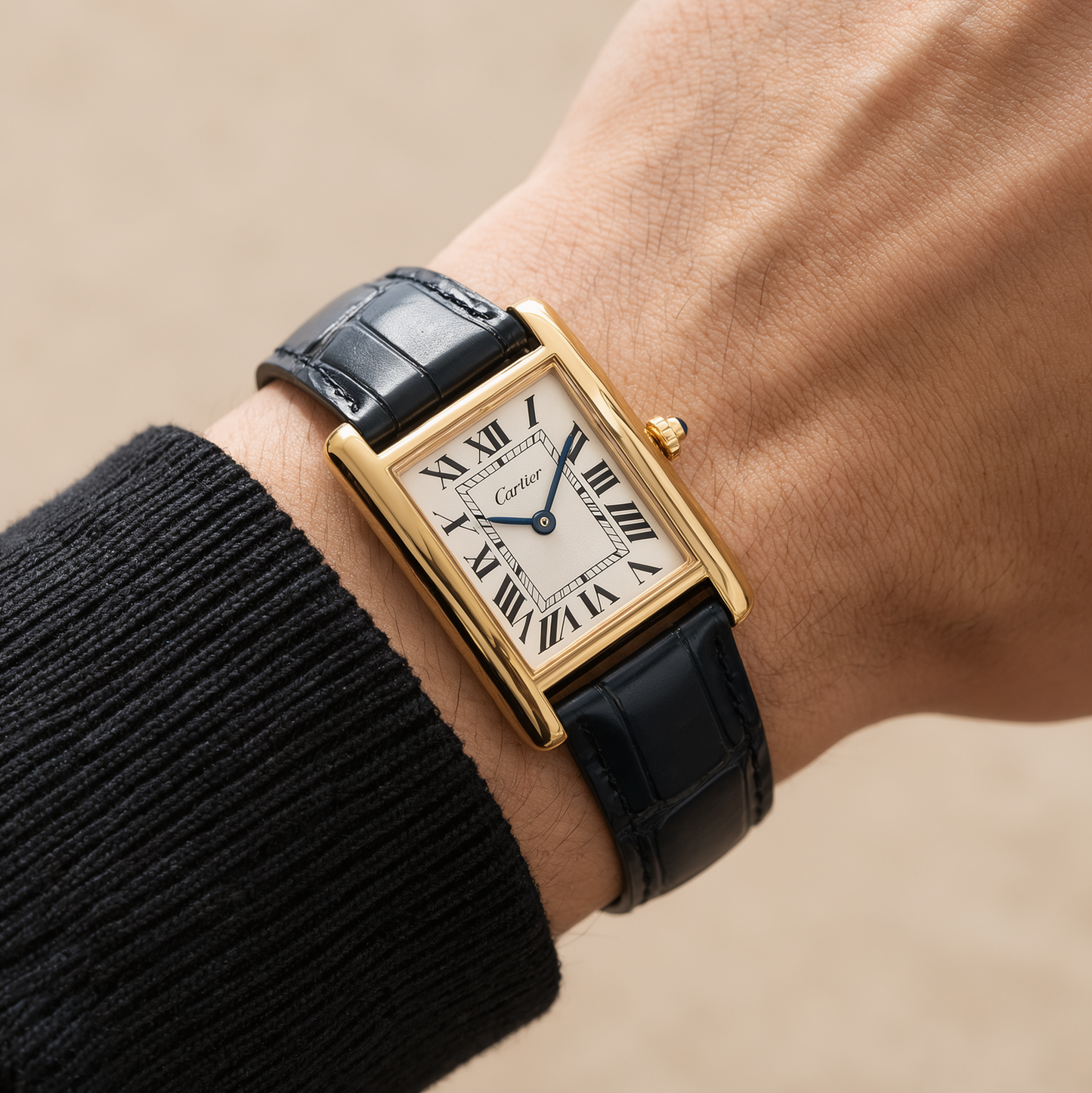 Cartier Tank Black Genuine Leather Strap White Dial Gold Case Master Lock