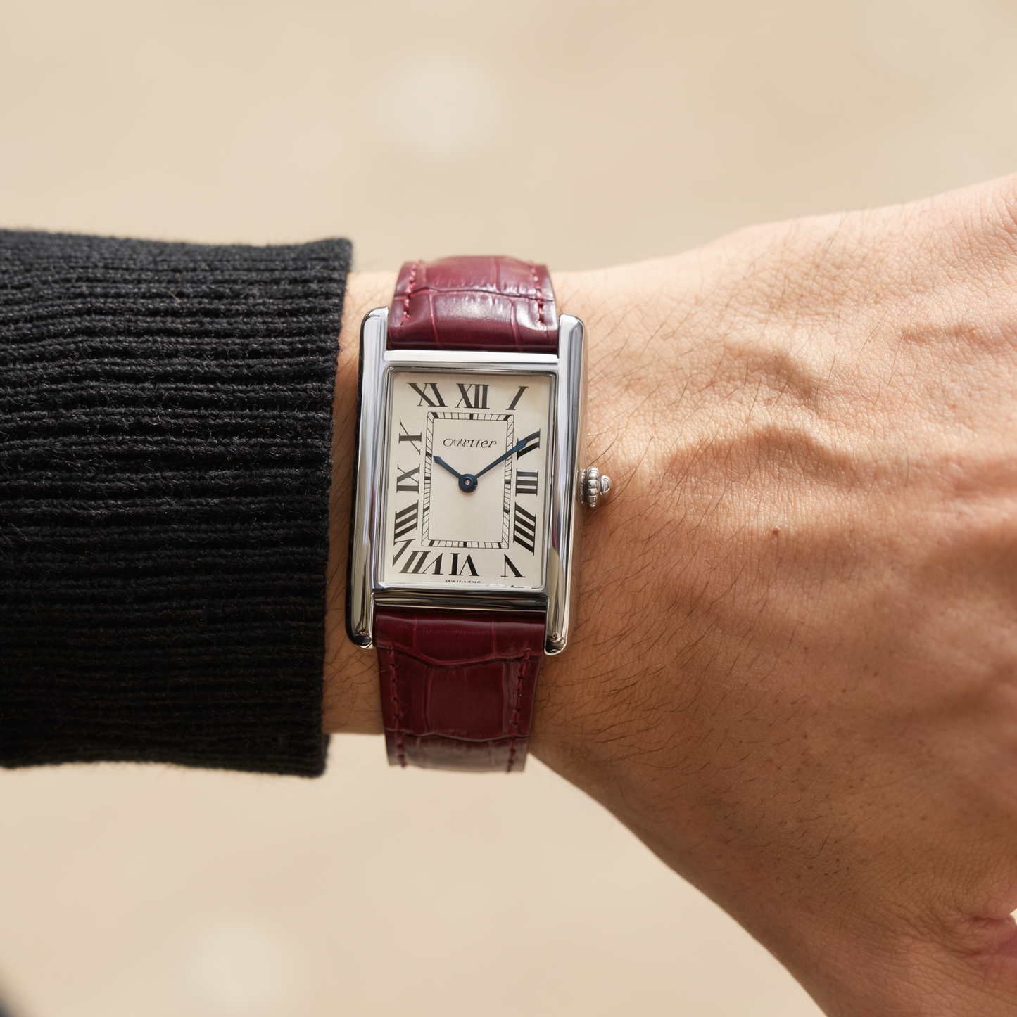 Cartier Tank Wine Red Genuine Leather Strap White Dial Silver Case Master Lock