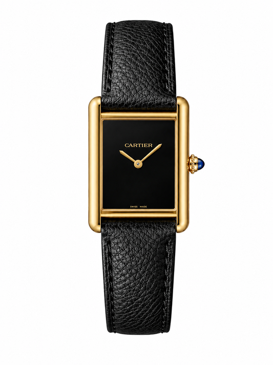 Cartier Tank Black Dial Gold Case Black Leather Strap Luxury Watch
