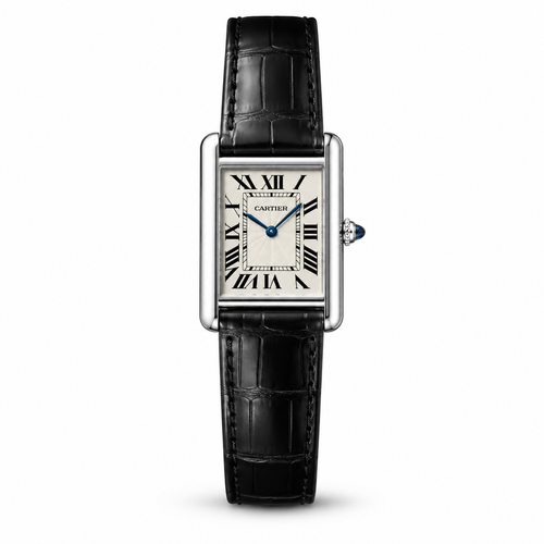 Cartier Tank Black Genuine Leather Strap White Dial Silver Case Master Lock