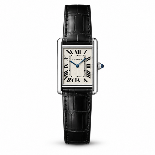Cartier Tank Black Genuine Leather Strap White Dial Silver Case Master Lock