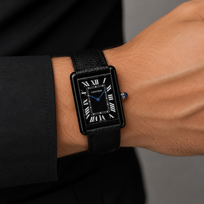Cartier Tank Black Dial Black Leather Strap Luxury Watch