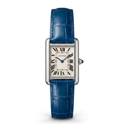 Cartier Tank Royal Blue Genuine Leather Strap White Dial Silver Case Master Lock