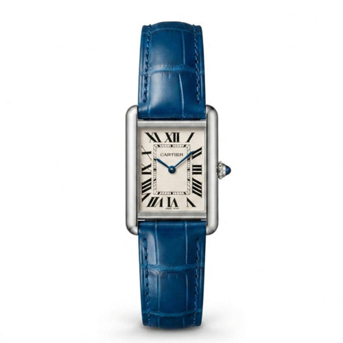 Cartier Tank Royal Blue Genuine Leather Strap White Dial Silver Case Master Lock
