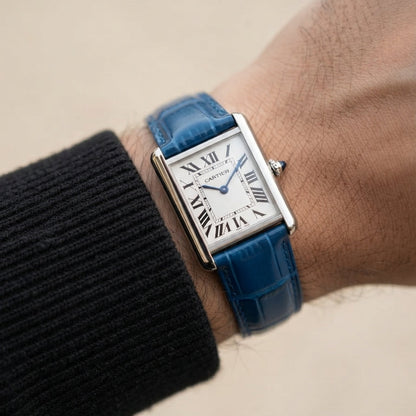Cartier Tank Royal Blue Genuine Leather Strap White Dial Silver Case Master Lock