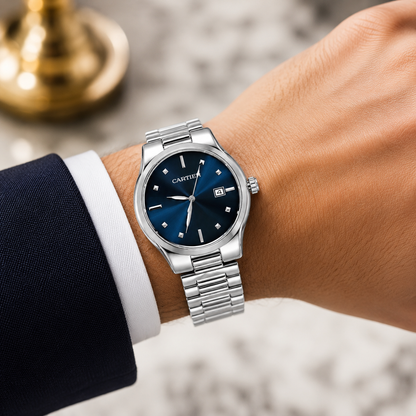 Cartier Royal Blue Sunburst Dial Date Luxury Watch