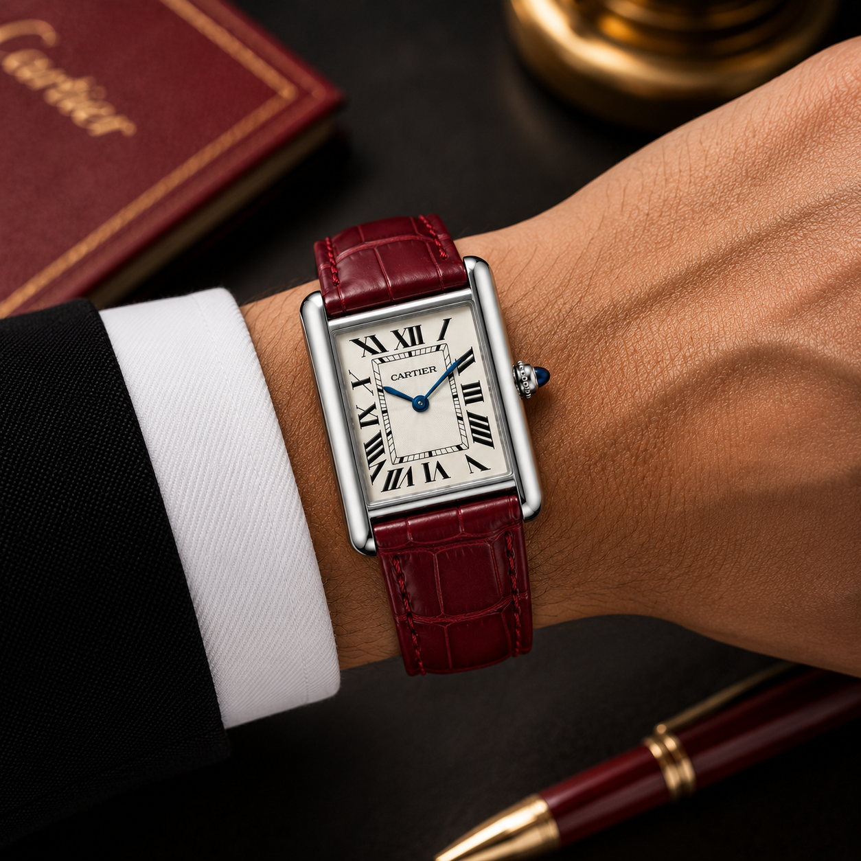 Cartier Tank Wine Red Genuine Leather Strap White Dial Silver Case Master Lock