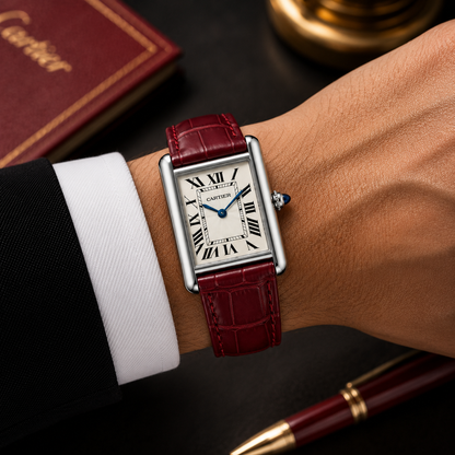 Cartier Tank Wine Red Genuine Leather Strap White Dial Silver Case Master Lock