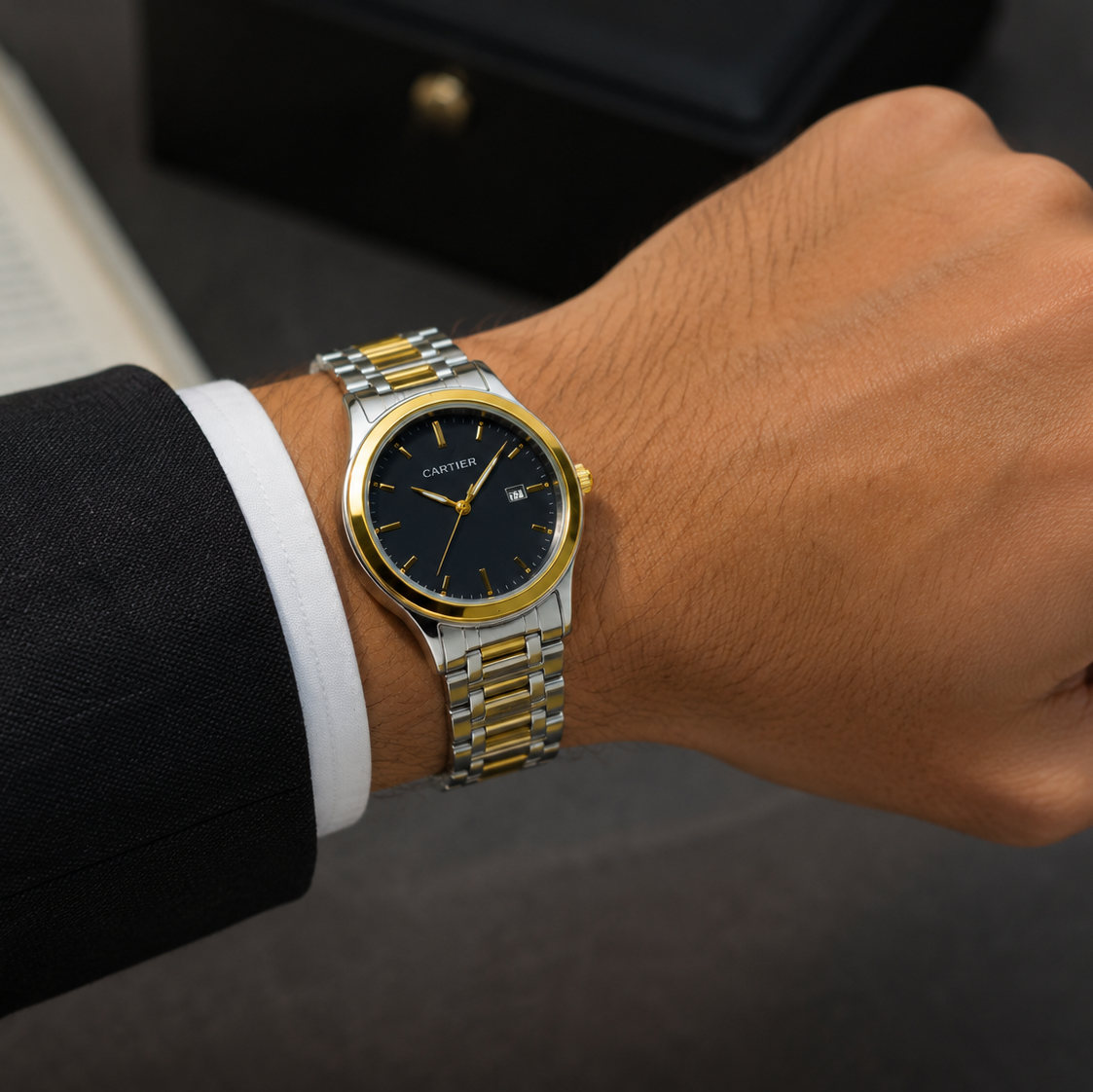 Luxury Two-Tone Black Dial Stainless Steel Watch for Men