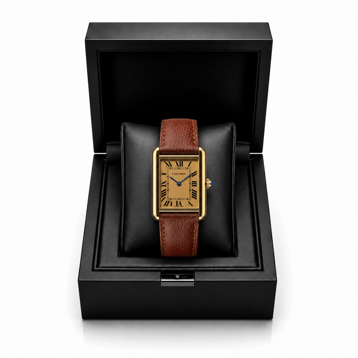 Cartier Tank Gold Dial Brown Leather Strap Luxury Watch