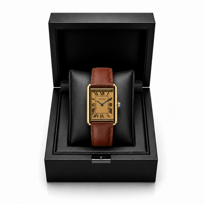 Cartier Tank Gold Dial Brown Leather Strap Luxury Watch