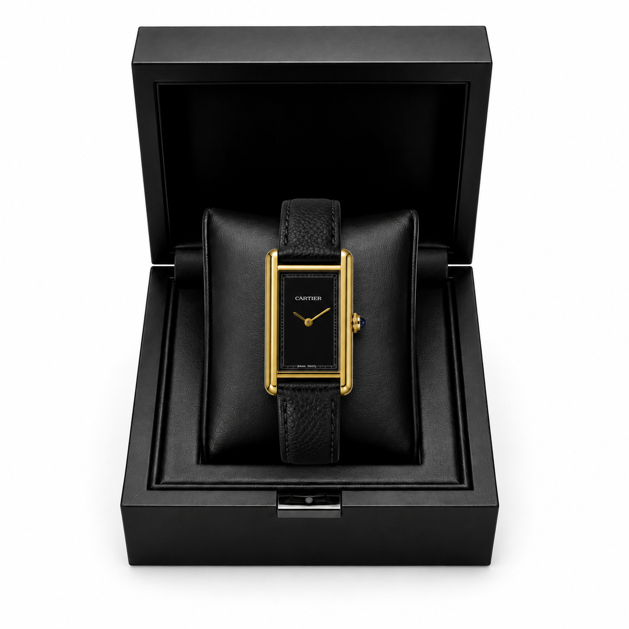 Cartier Black Dial Gold Case Leather Strap Watch