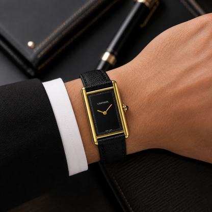 Cartier Black Dial Gold Case Leather Strap Watch