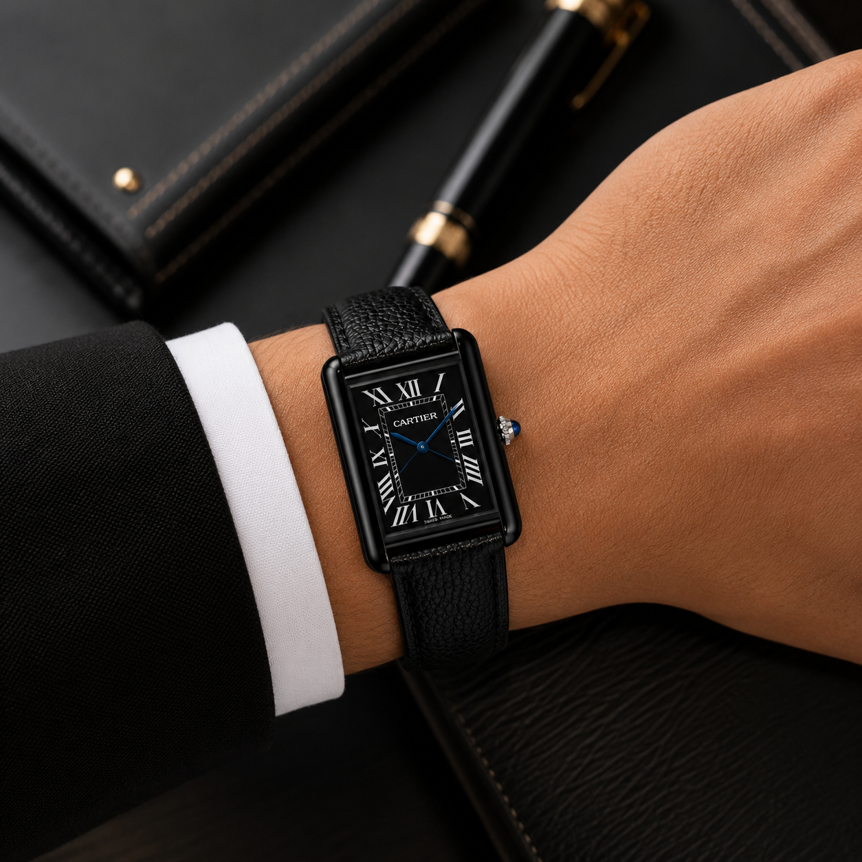 Cartier Black Tank Leather Strap Luxury Watch