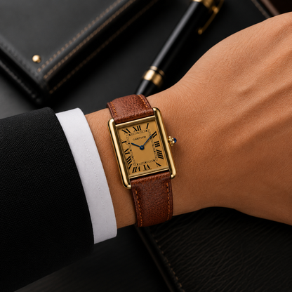 Cartier Tank Gold Dial Brown Leather Strap Luxury Watch