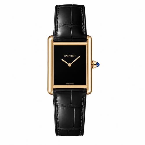 Cartier Black Dial Gold Case Leather Strap Watch