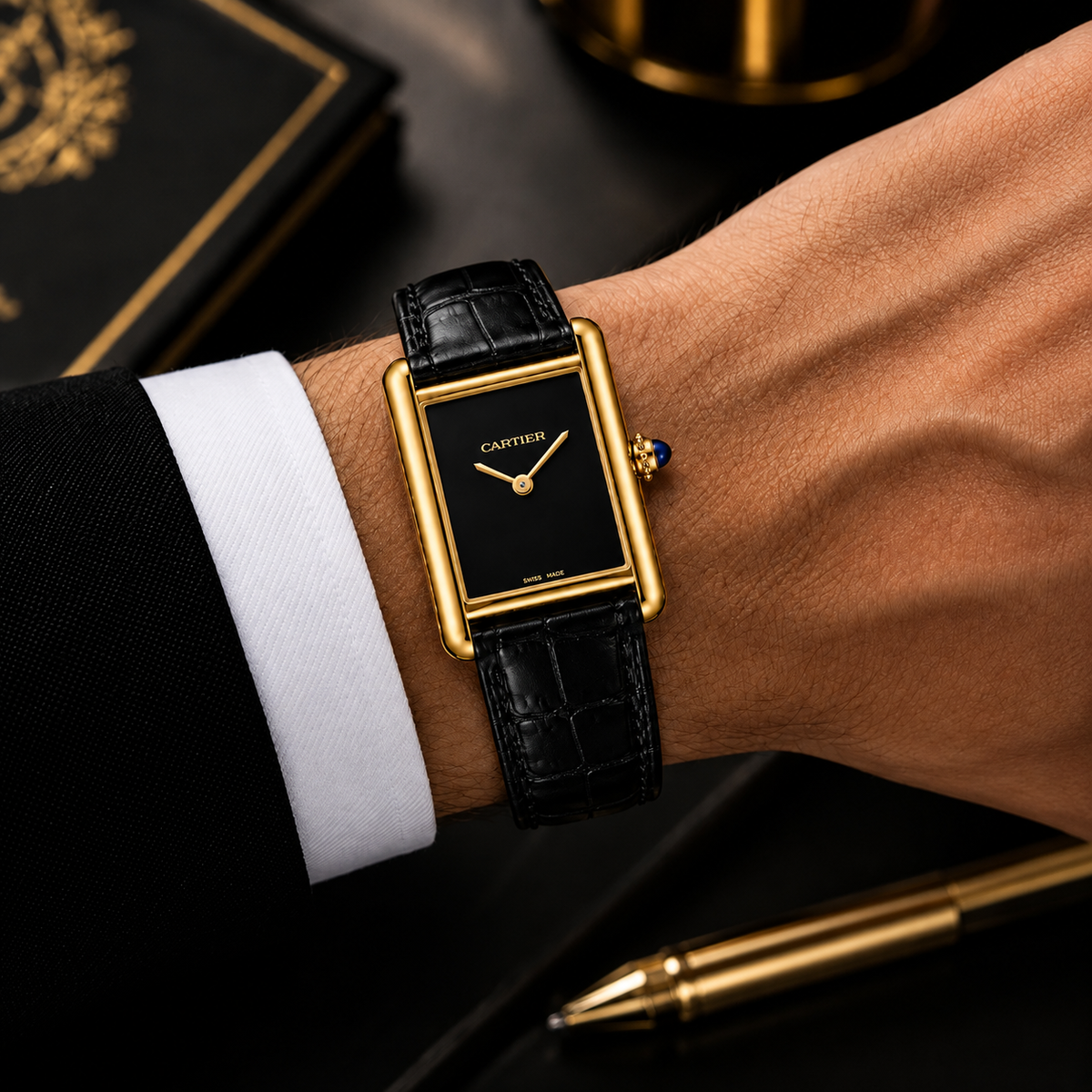 Cartier Tank Black Genuine Leather Strap Black Dial Golden Case Luxury Watch