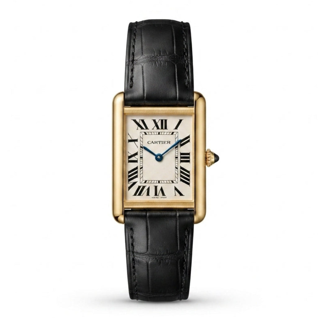 Cartier Tank Black Genuine Leather Strap White Dial Gold Case Master Lock