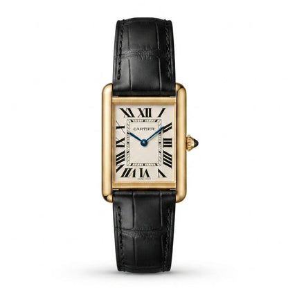 Cartier Tank Black Genuine Leather Strap White Dial Gold Case Master Lock
