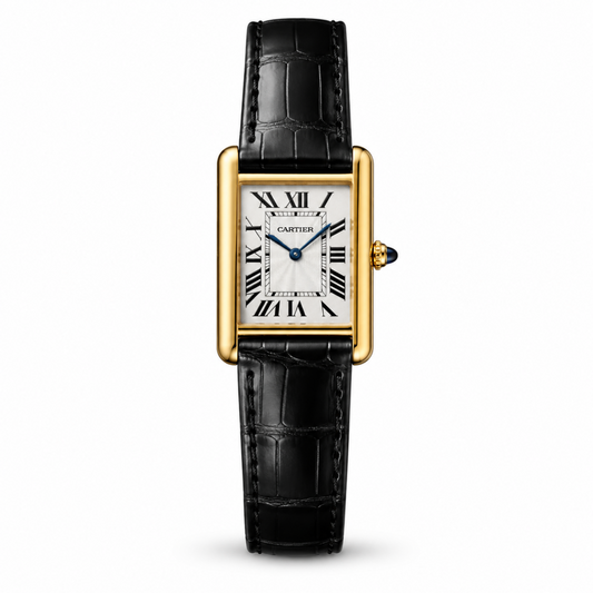 Cartier Tank Black Genuine Leather Strap White Dial Gold Case Master Lock