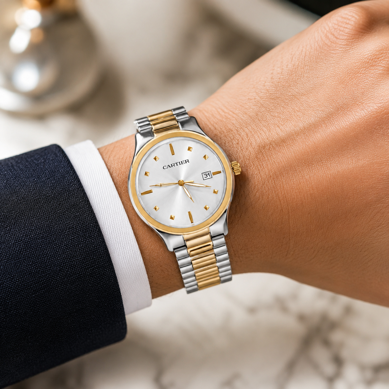 Cartier Silver White Dial Two-Tone Date Luxury Watch