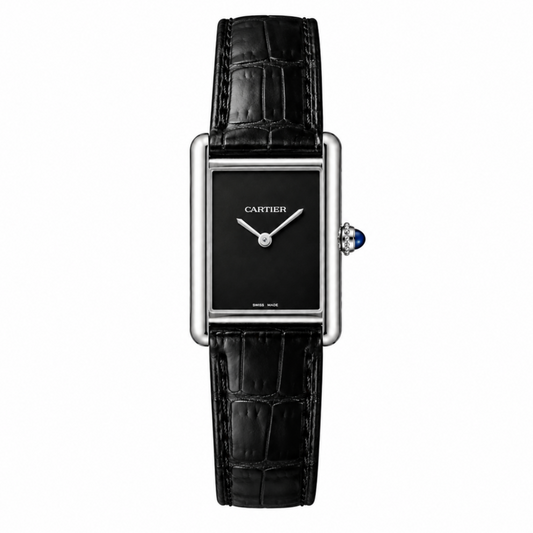 Cartier Tank Black Genuine Leather Strap Black Dial Silver Case Luxury Watch