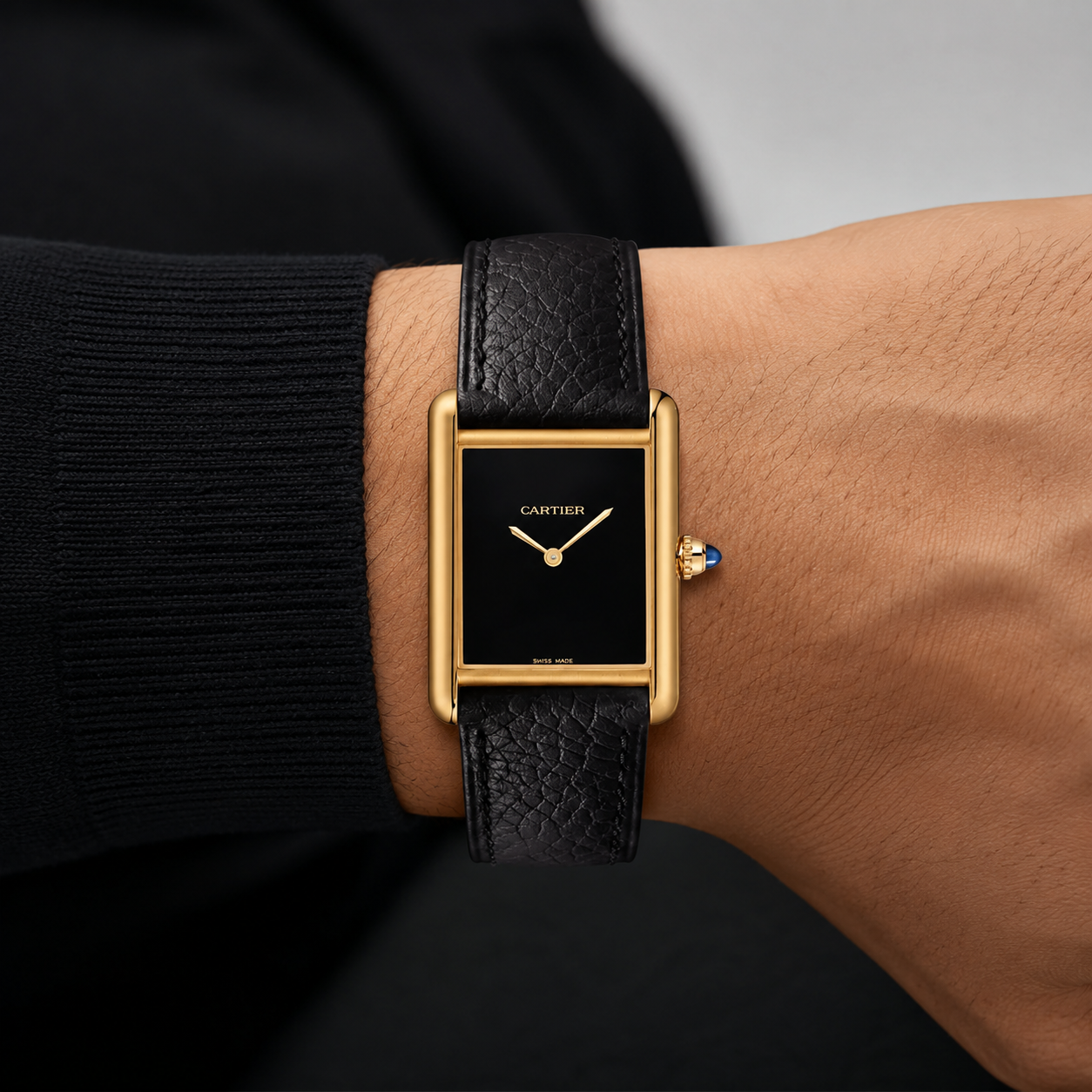 Cartier Tank Black Dial Gold Case Black Leather Strap Luxury Watch