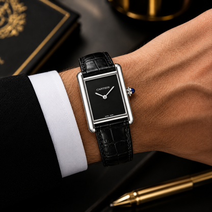 Cartier Tank Black Genuine Leather Strap Black Dial Silver Case Luxury Watch