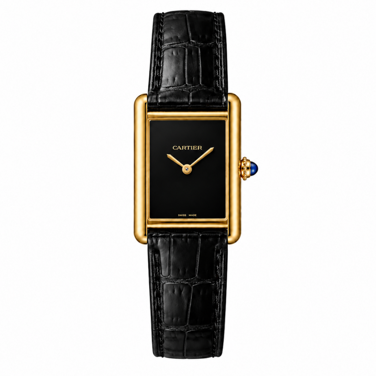 Cartier Tank Black Genuine Leather Strap Black Dial Golden Case Luxury Watch