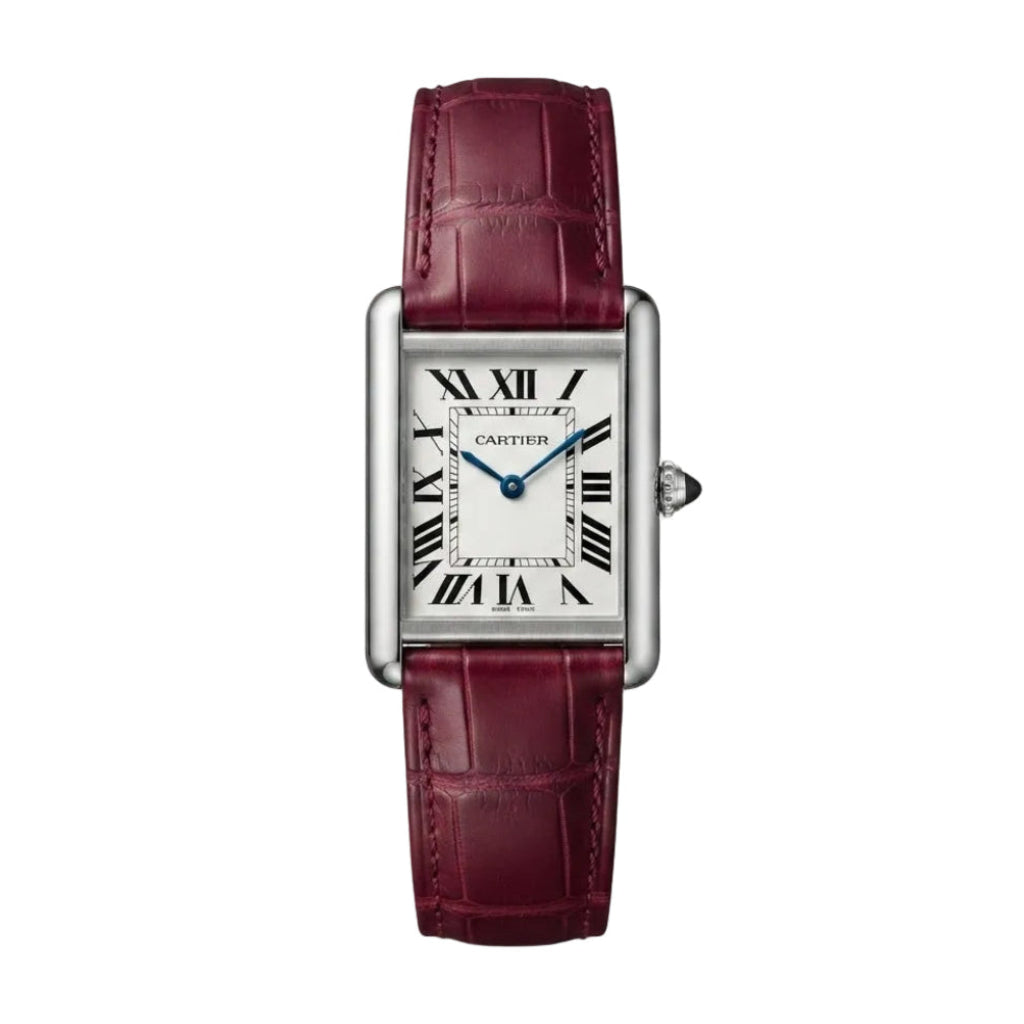 Cartier Tank Wine Red Genuine Leather Strap White Dial Silver Case Master Lock
