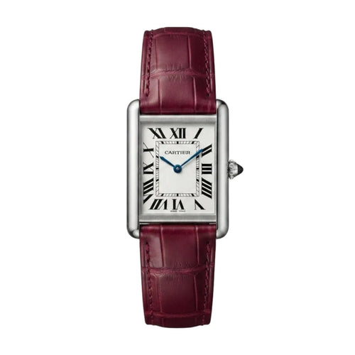 Cartier Tank Wine Red Genuine Leather Strap White Dial Silver Case Master Lock