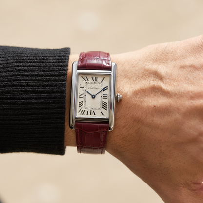 Cartier Tank Wine Red Genuine Leather Strap White Dial Silver Case Master Lock