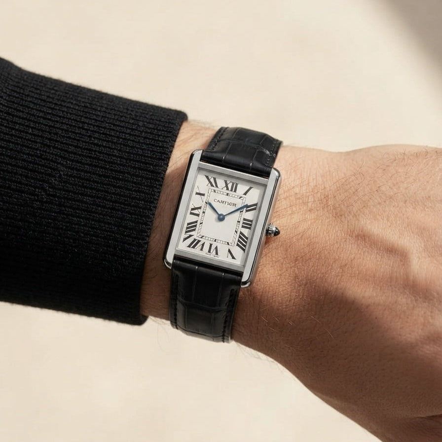 Cartier Tank Black Genuine Leather Strap White Dial Silver Case Master Lock