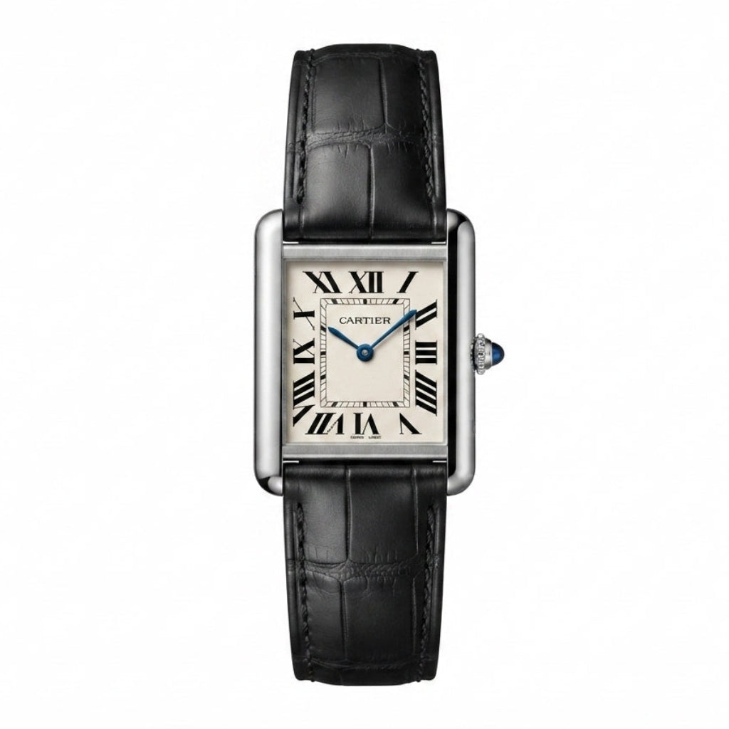 Cartier Tank Black Genuine Leather Strap White Dial Silver Case Master Lock