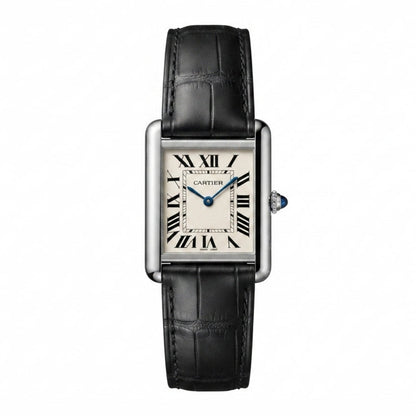 Cartier Tank Black Genuine Leather Strap White Dial Silver Case Master Lock