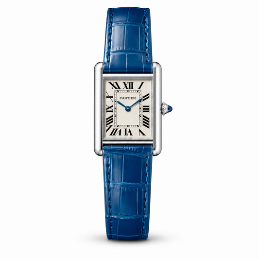 Cartier Tank Royal Blue Genuine Leather Strap White Dial Silver Case Master Lock