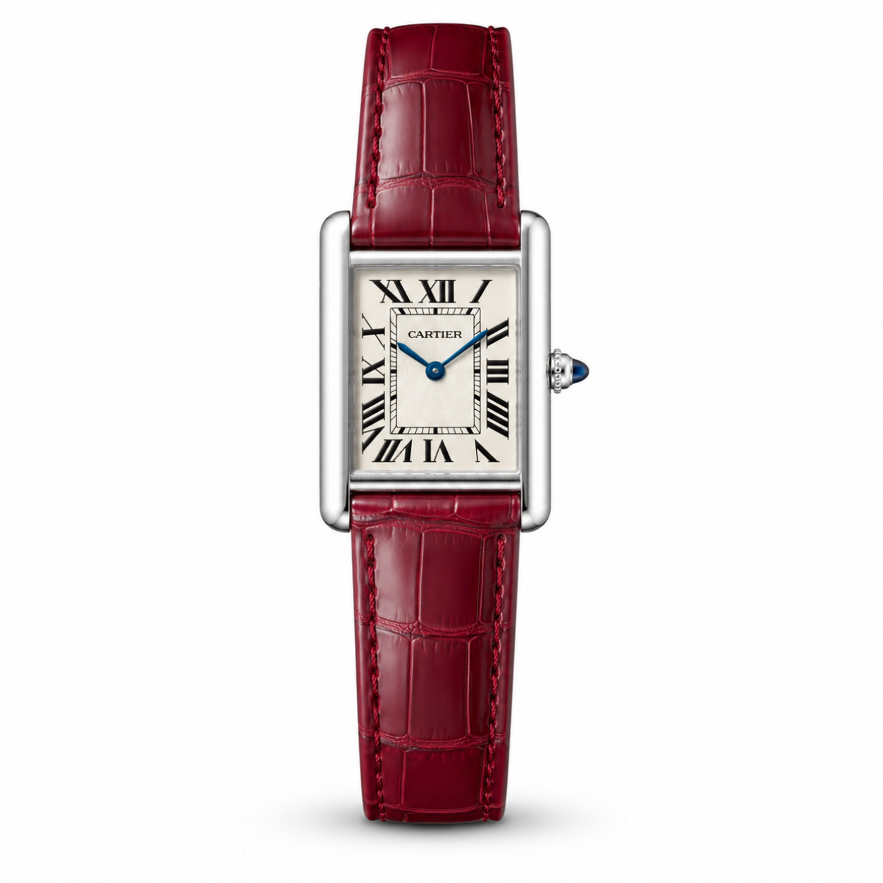 Cartier Tank Wine Red Genuine Leather Strap White Dial Silver Case Master Lock