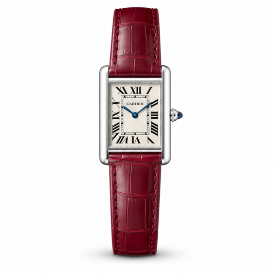 Cartier Tank Wine Red Genuine Leather Strap White Dial Silver Case Master Lock